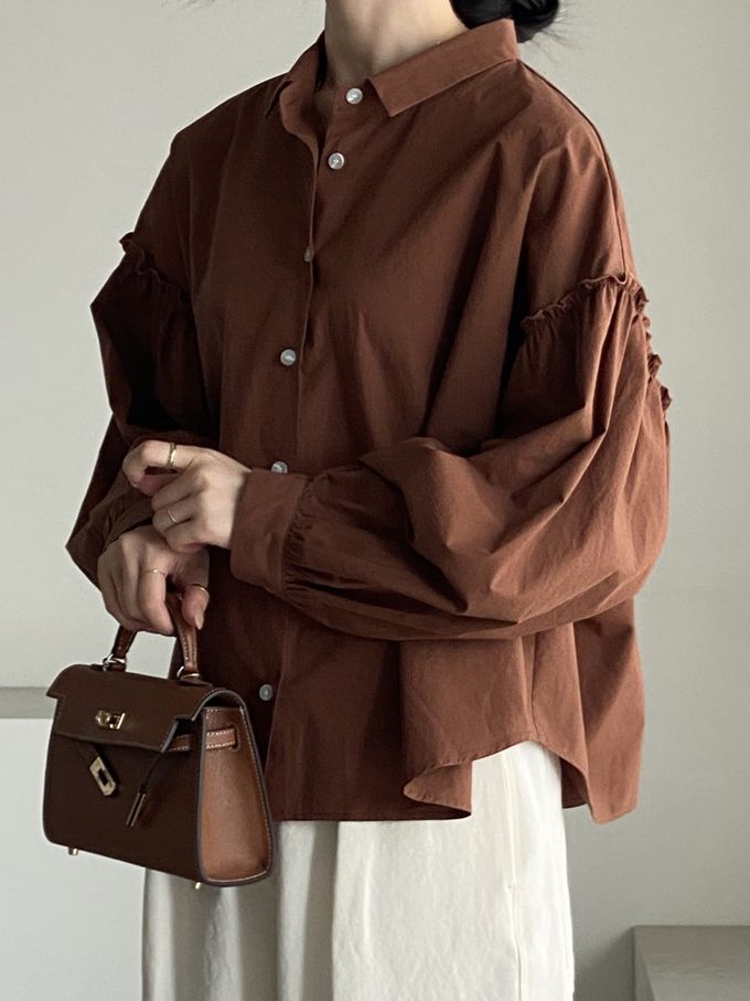 韓國女裝連線 - 極簡拼接翻領長袖襯衫-咖啡紅 (FREE)