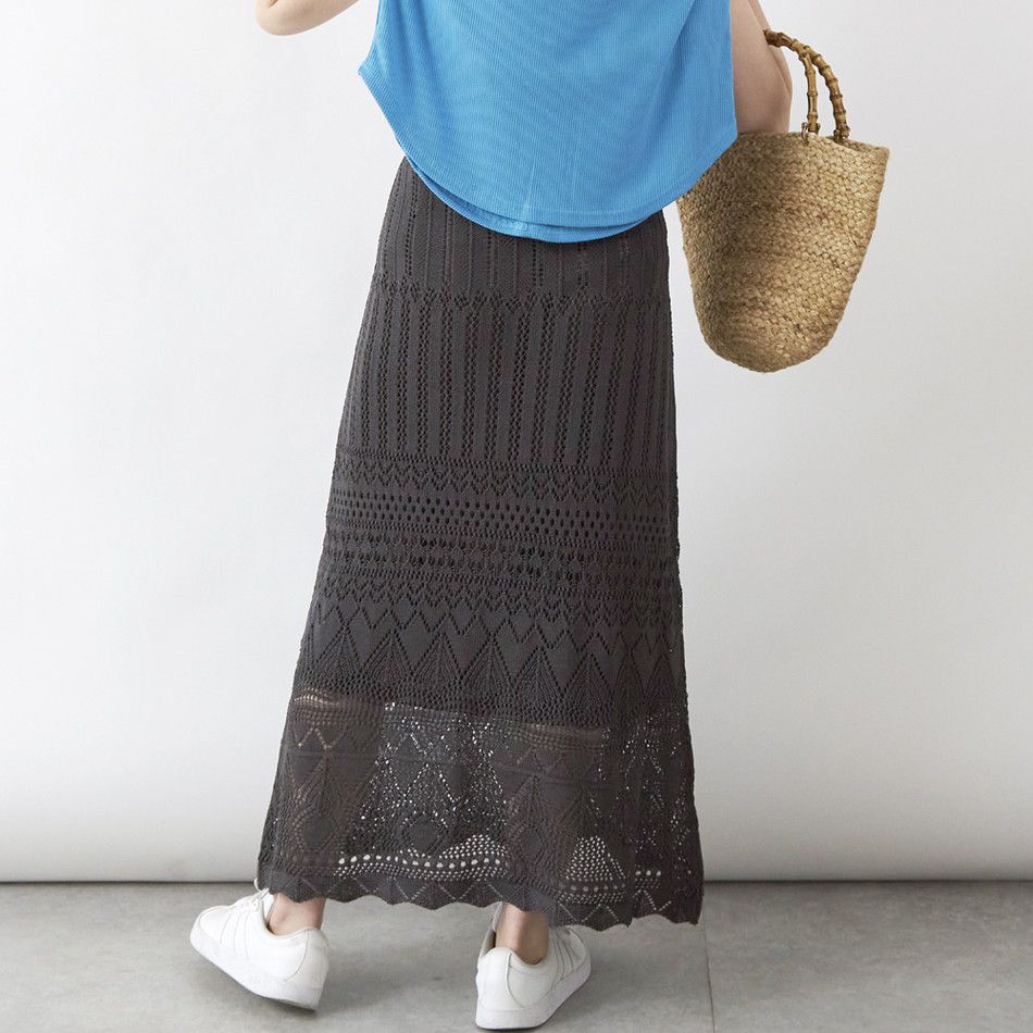 日本 Rejoule - 優雅鉤針雕花長裙-石墨黑