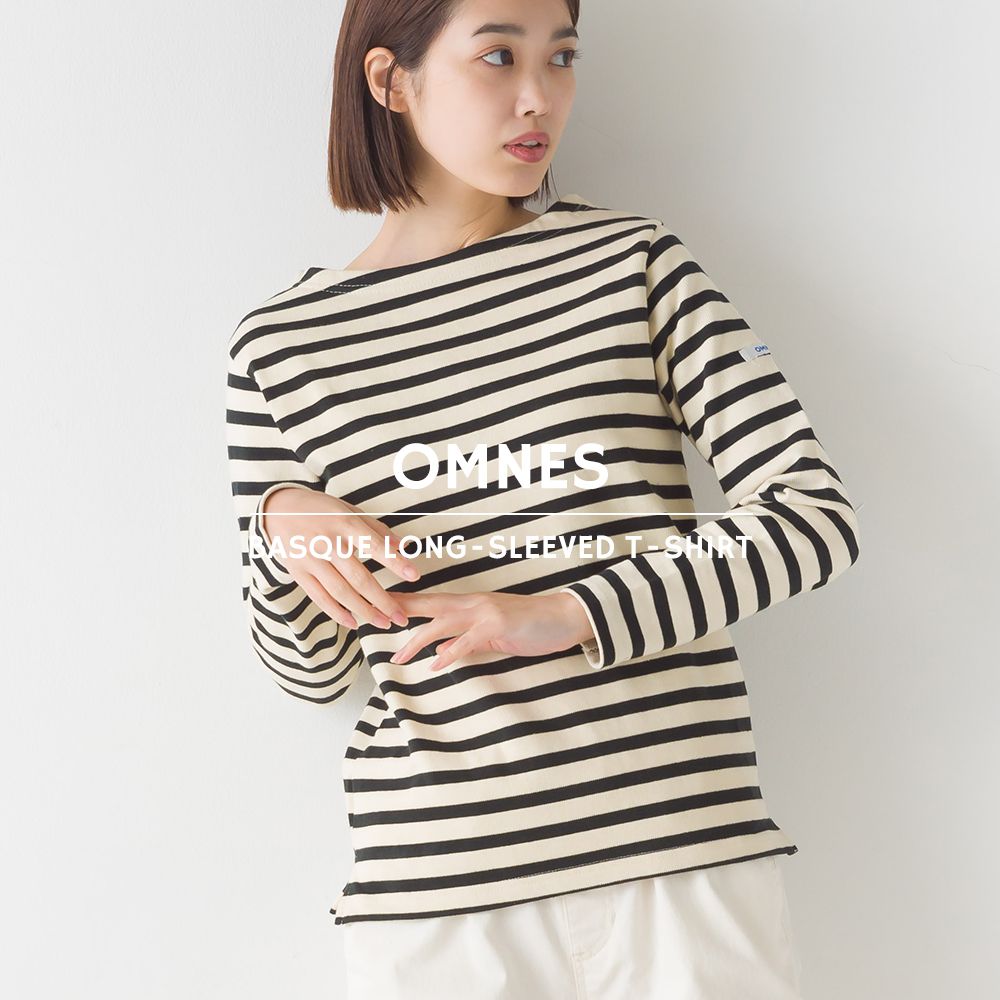 日本 OMNES - 顯瘦船領純棉薄長袖上衣-條紋-杏x白