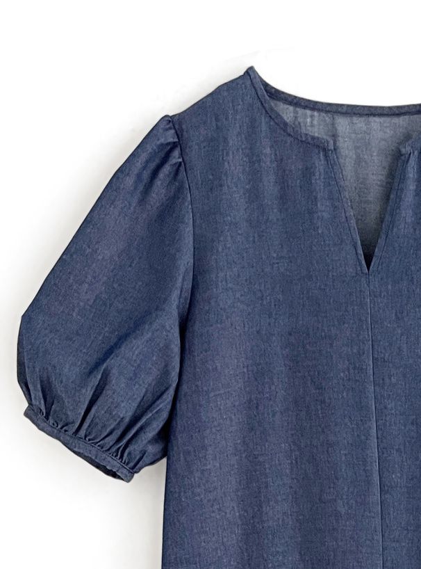 日本 GRL - 文藝少女荷葉領綁帶短袖洋裝-丹寧藍 (F)