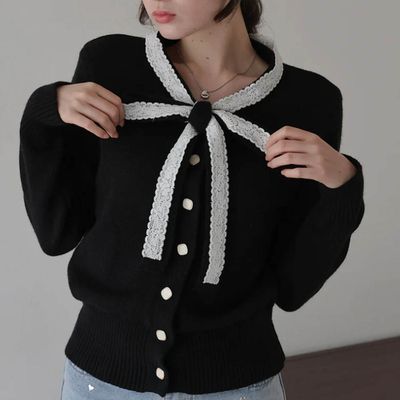 日本 BLUE EAST - 少女爛漫蕾絲蝴蝶結開襟衫-黑