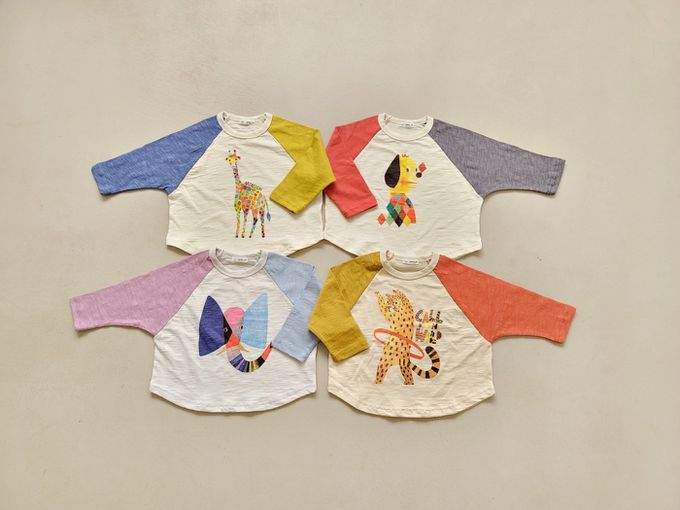 韓國 Mimico - 動物印撞色長袖上衣-呼拉圈花豹