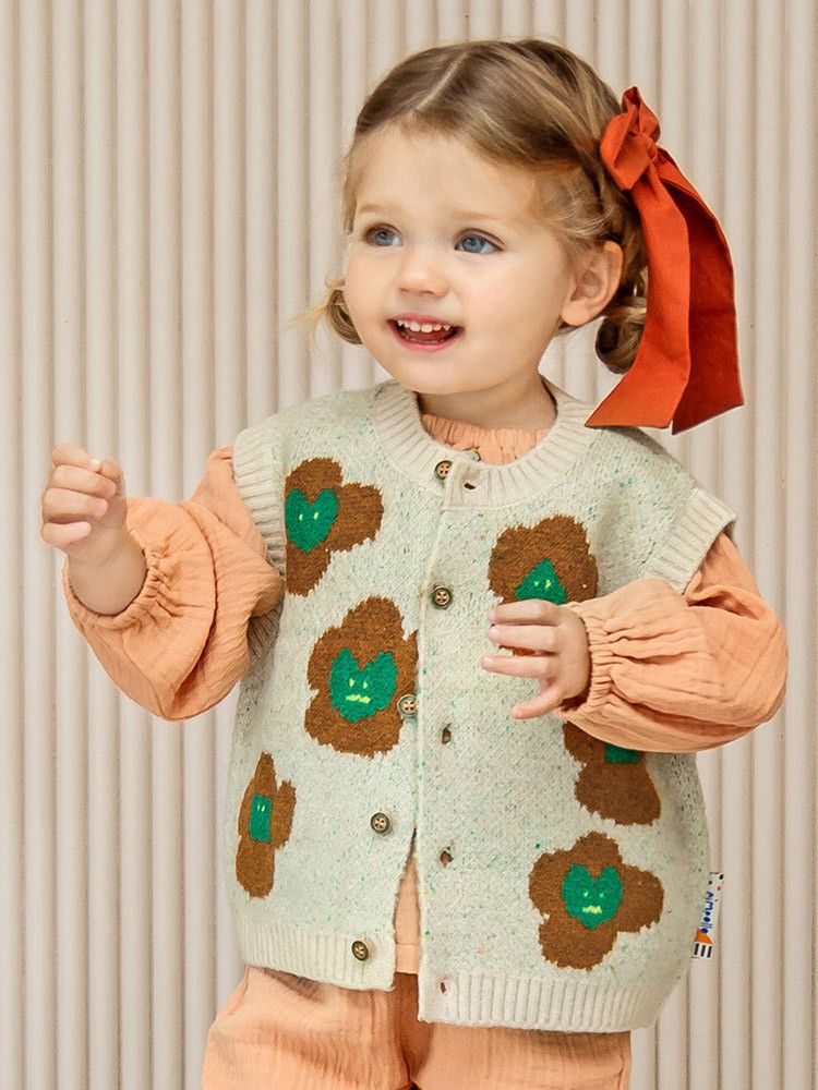 韓國Pimpollo - 愛心印花開衫針織背心-藍