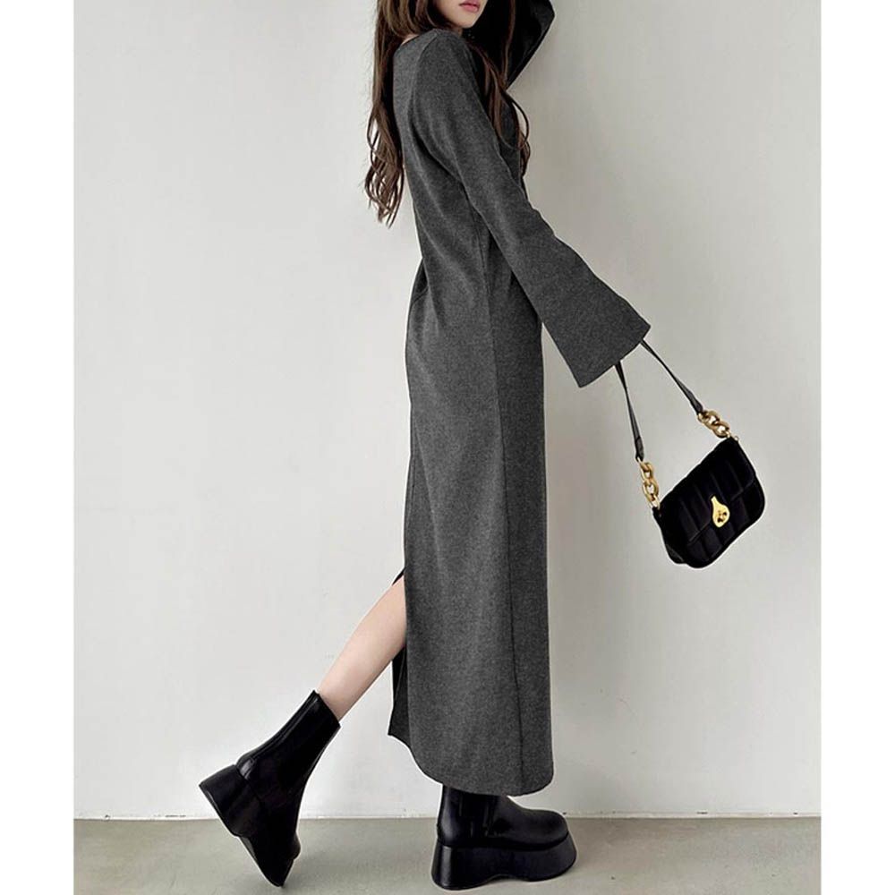 圓領素色百搭小喇叭袖洋裝-炭灰