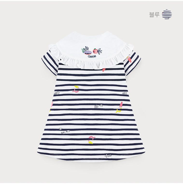 韓國 milk mile - 美人魚印花橫紋翻領洋裝-藍