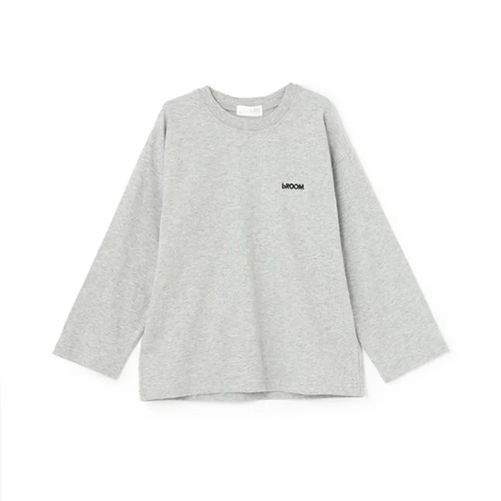 100%棉 簡約logo刺繡寬版長袖上衣-淺灰