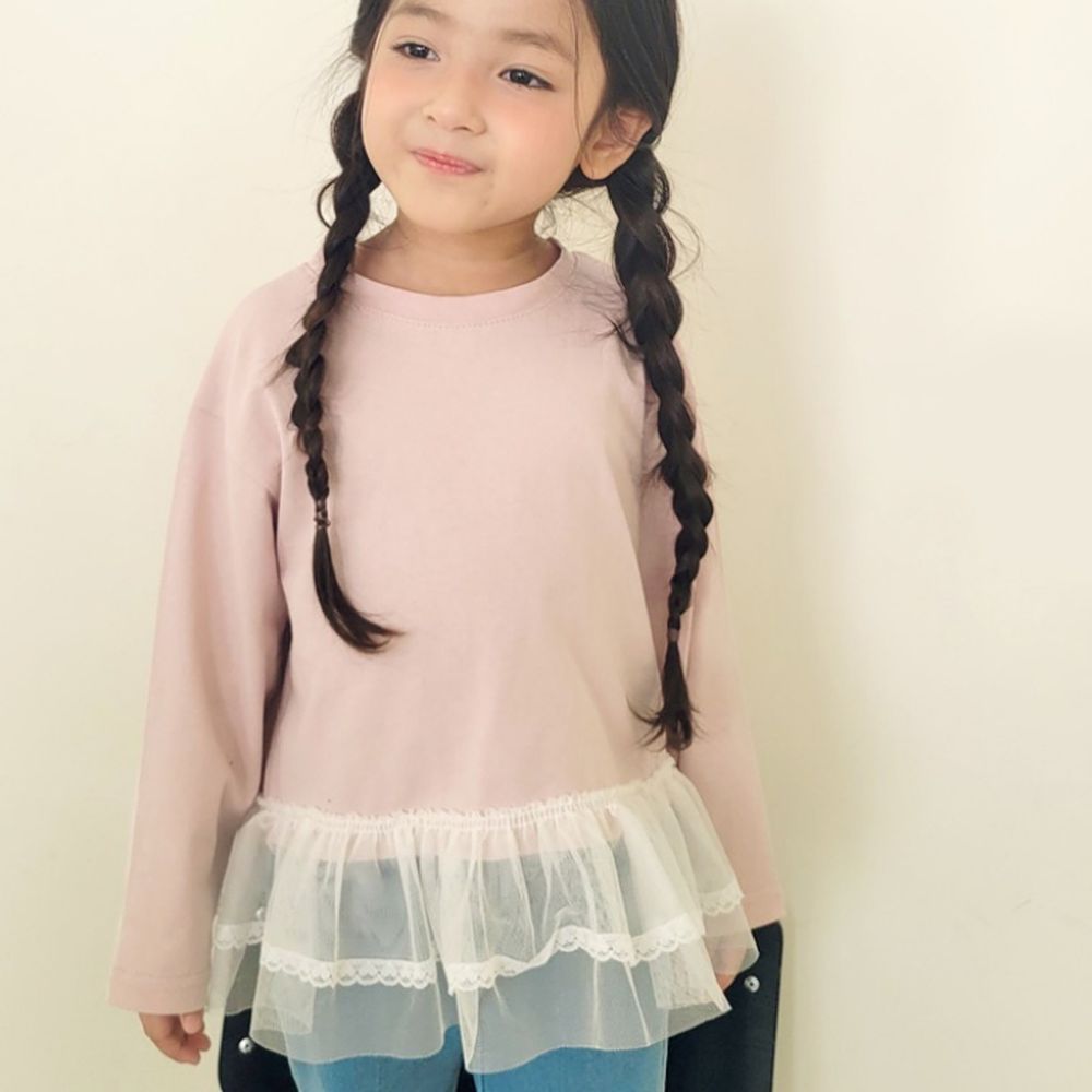 Peanuts House 網紗拼接長袖上衣-淺粉