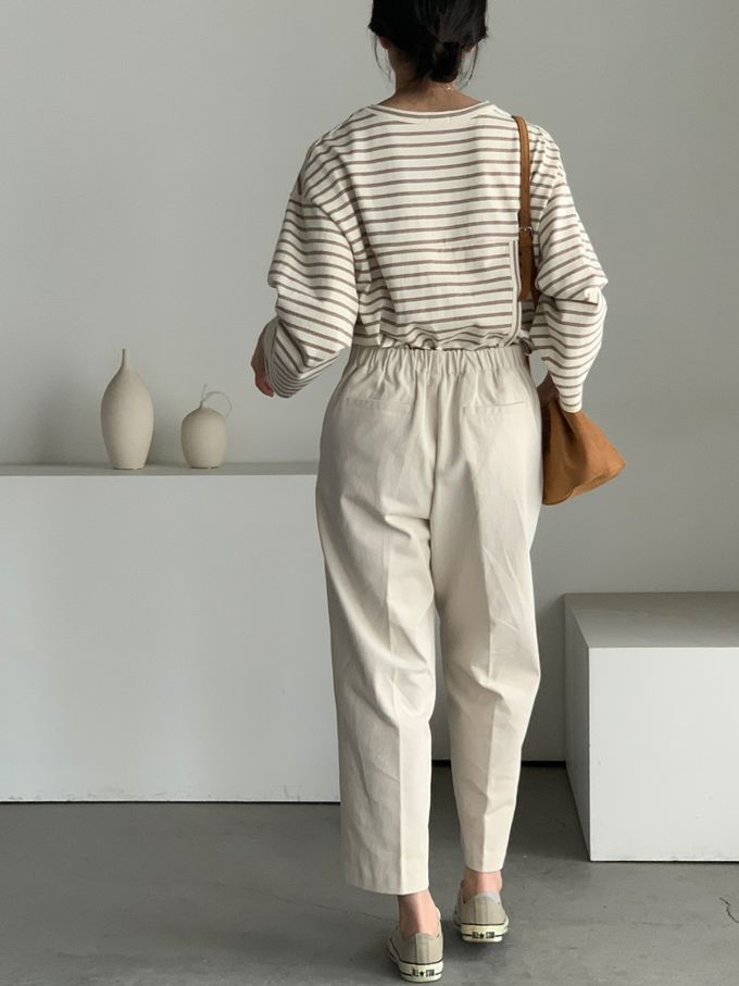 韓國女裝連線 - 不對稱後開衩條紋長袖上衣-可可咖 (FREE)