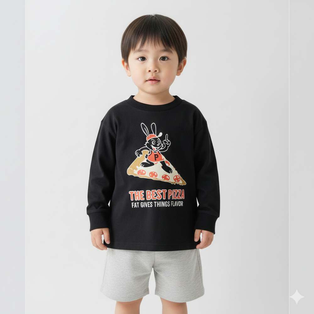 100%棉 美式印花薄長袖上衣-兔子送披薩-黑