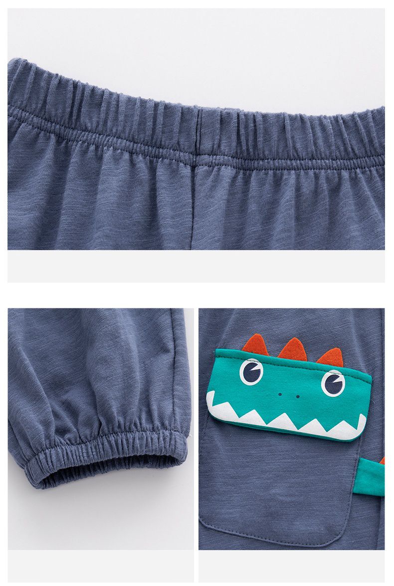 純棉立體圖樣束口長褲/防蚊褲-調皮恐龍-藍灰色