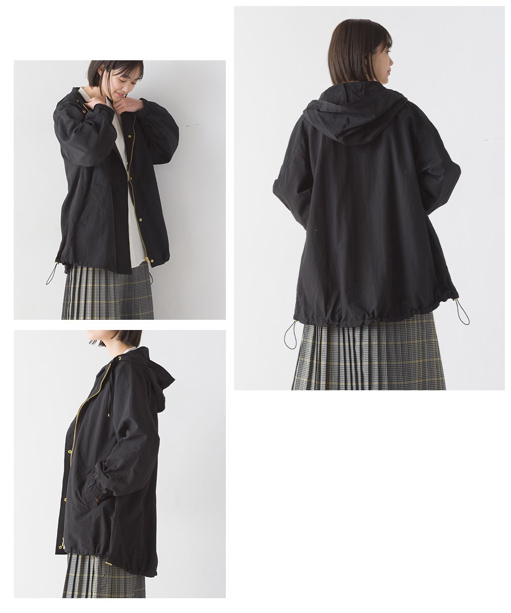 日本 OMNES - 撥水加工 輕量抽繩長版連帽風衣外套-卡其