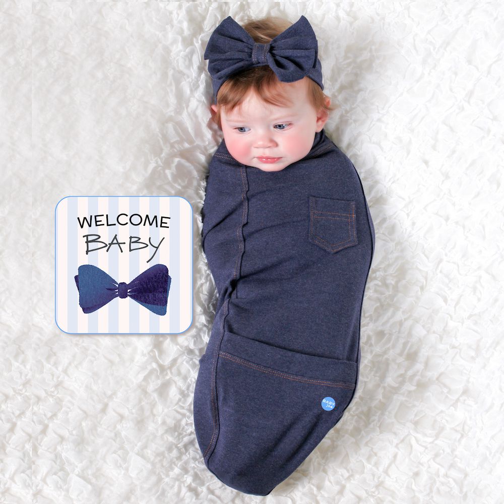BABYjoe - 美國製純棉手工新生彌月包巾套組-蝴蝶結丹寧小姐-藍色 (適合0-4個月或7公斤以下新生寶寶)-150g