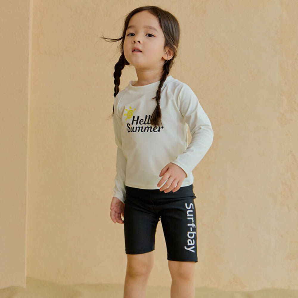 UPF 50+抗UV兩件式兒童泳衣/泳裝(長袖X短褲)-Summer-米白X黑