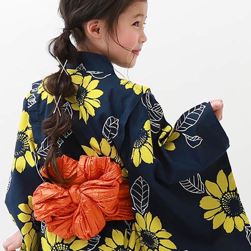 日本 devirock - 純棉夏日祭典花朵浴衣兵兒帶2件組-向日葵-深藍x橘