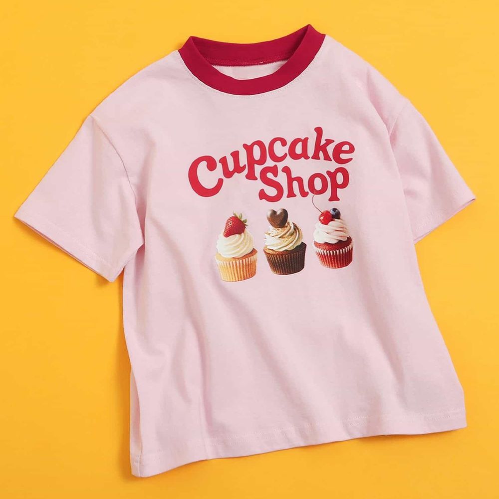 可愛食物印花短袖上衣-杯子蛋糕-粉紅