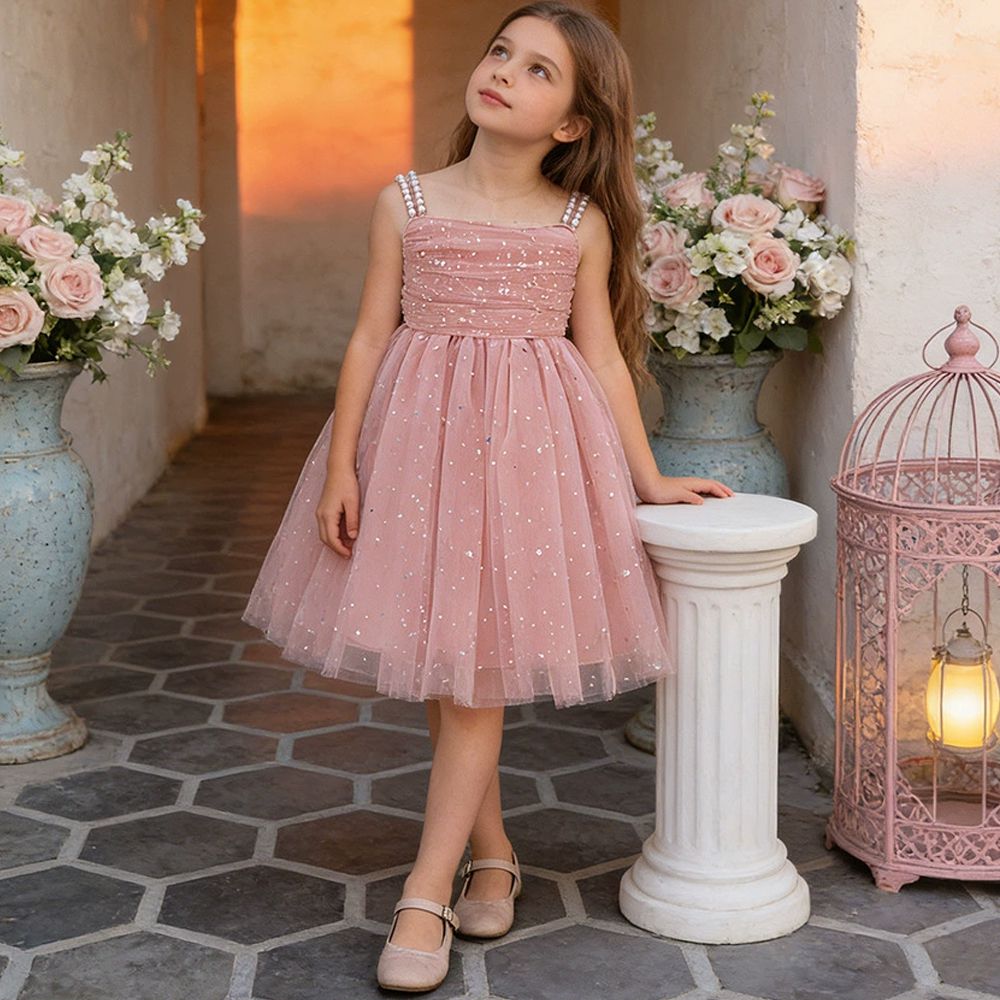 珍珠細肩帶星光亮片網紗禮服-粉色