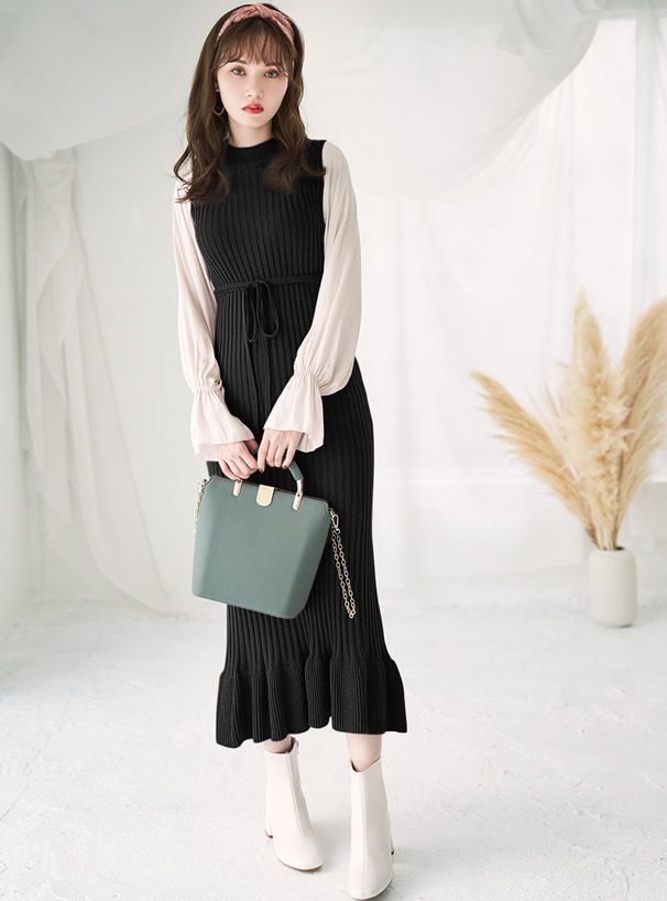 日本 GRL - 異材質拼接雪紡袖針織長洋裝-摩卡