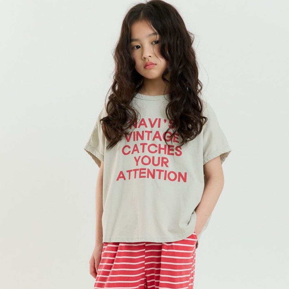 韓製100%純棉 NAVI文字落肩短袖上衣-淺灰