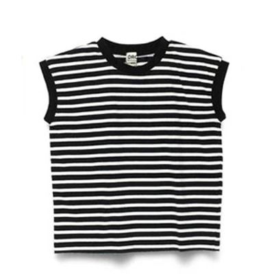 日本 BRANSHES - 率性女孩法式袖上衣-條紋-黑底