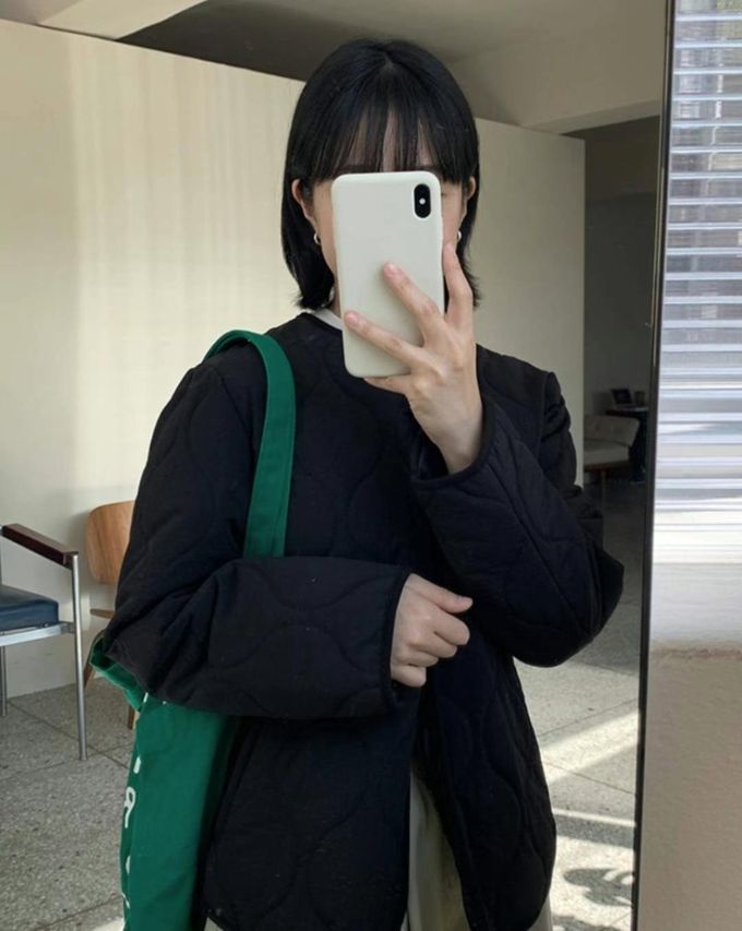 韓國 LANDING - 韓國製絎縫壓紋鋪棉圓領外套-黑 (FREE)