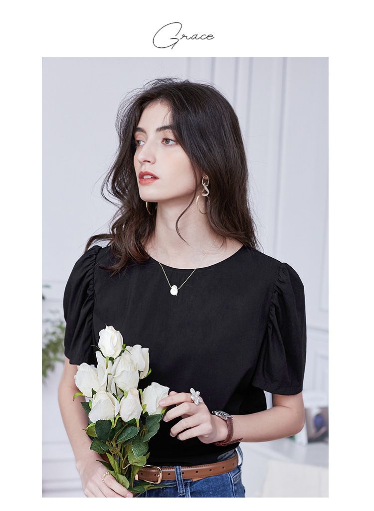 反轉設計圓領短袖上衣-背面鈕扣-黑灰色