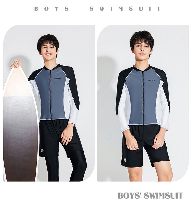 大童男孩長袖泳衣套裝(三件組)-拼色款-黑+白+紫-泳衣、長泳褲、短泳褲