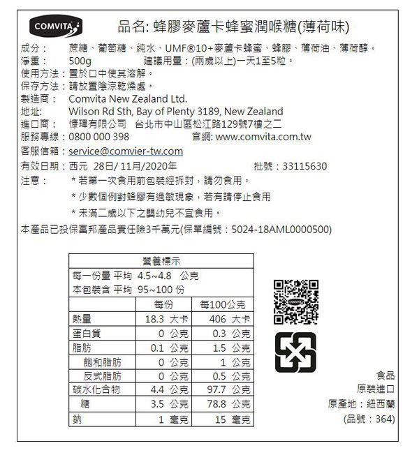 年終優惠5折起！【紐西蘭COMVITA 康維他】蜂膠噴霧 麥盧卡蜂蜜