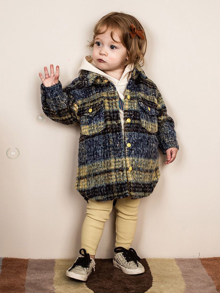 韓國Pimpollo - 藍格紋襯衫型保暖外套-黃