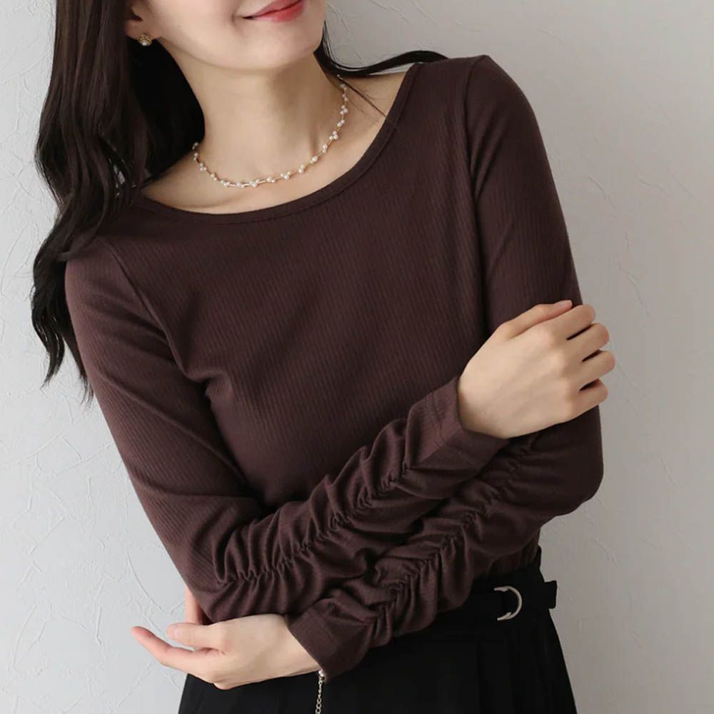 個性皺褶顯瘦U領合身長袖上衣-咖啡