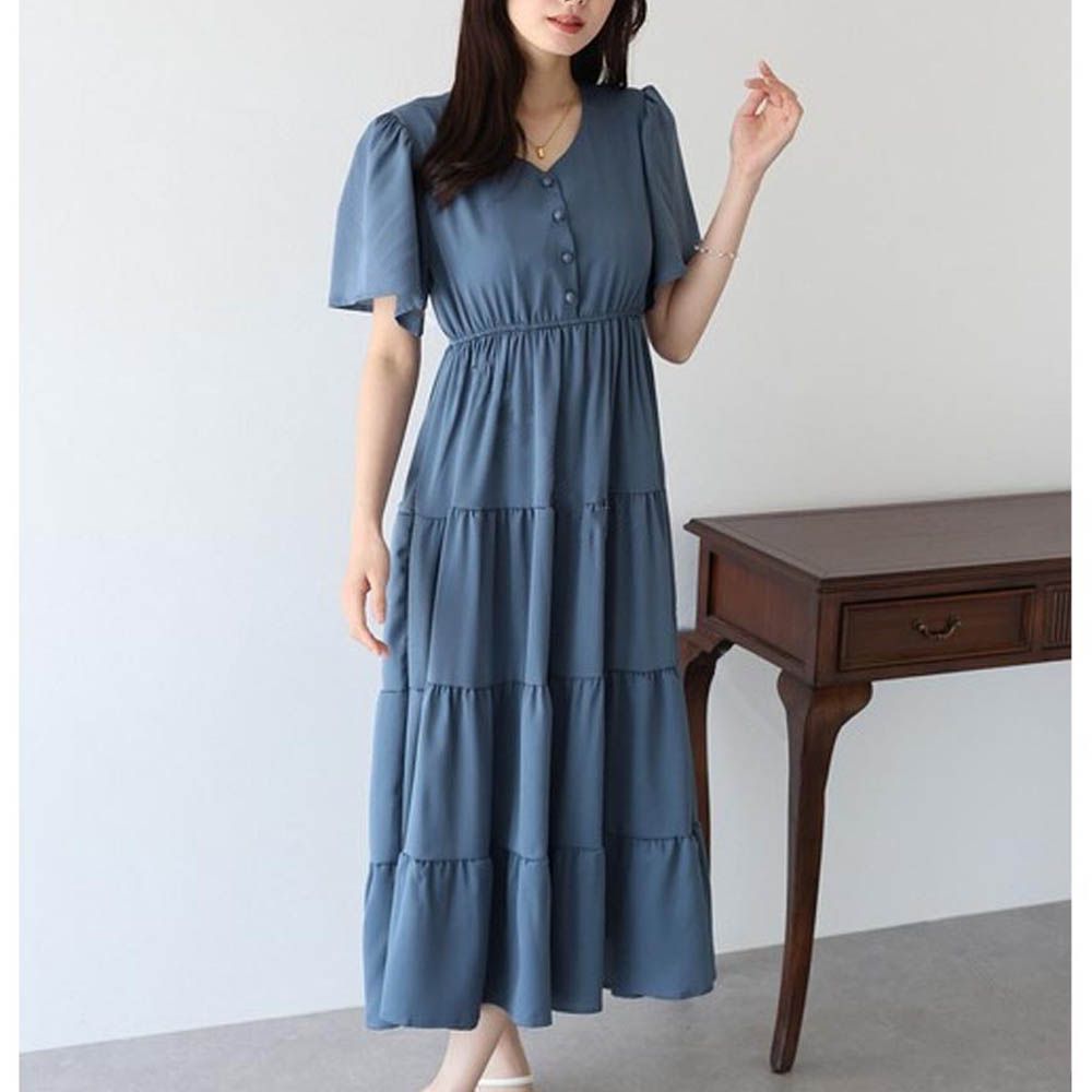 [人氣款]束腰修身喇叭短袖洋裝-素面-灰藍 (M)