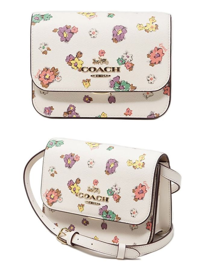 COACH - 造型皮革翻蓋斜背包 (彩色花朵)