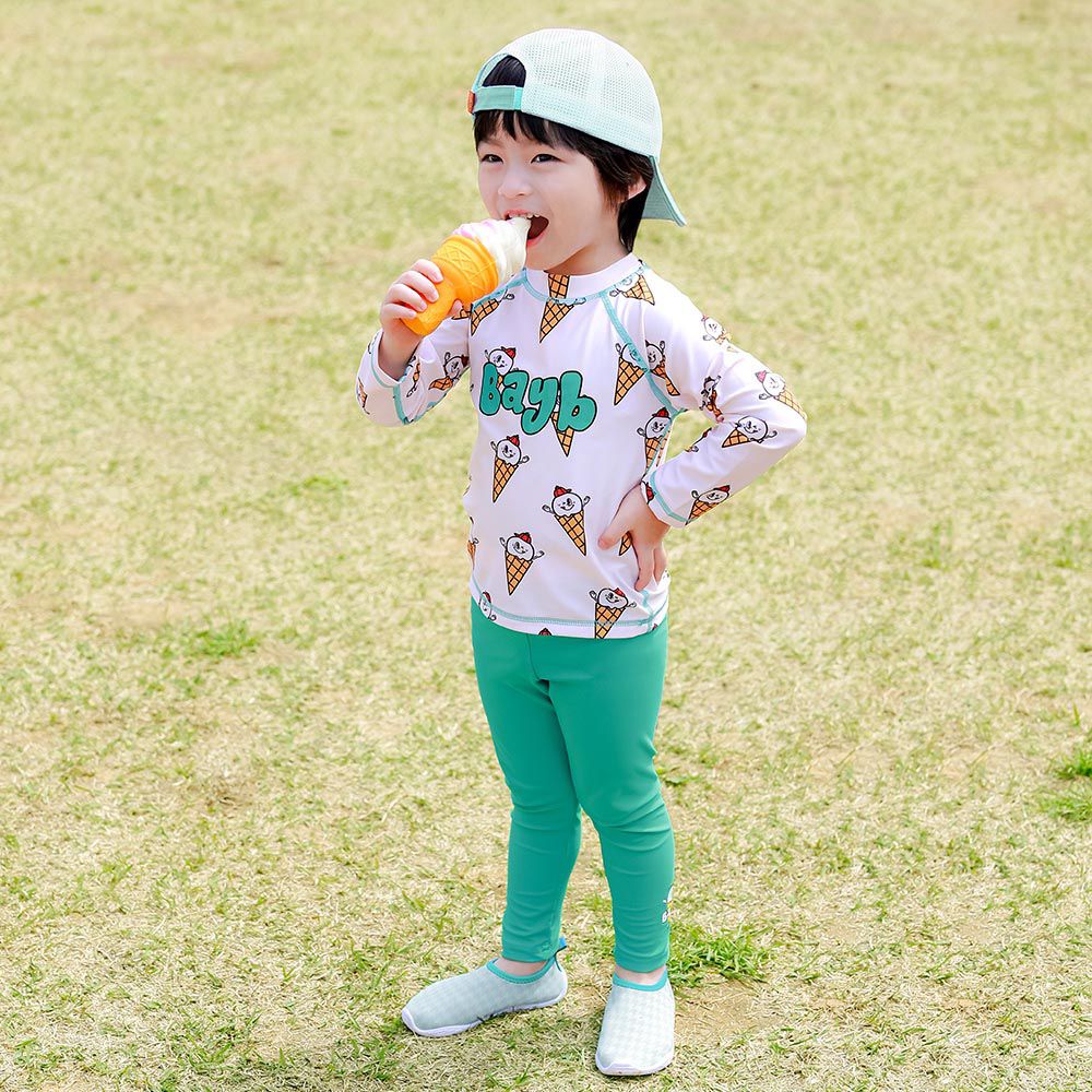 韓國 BAY-B - (含泳帽)UPF 50+兩件式長袖長褲泳裝-甜筒-米白X湖綠