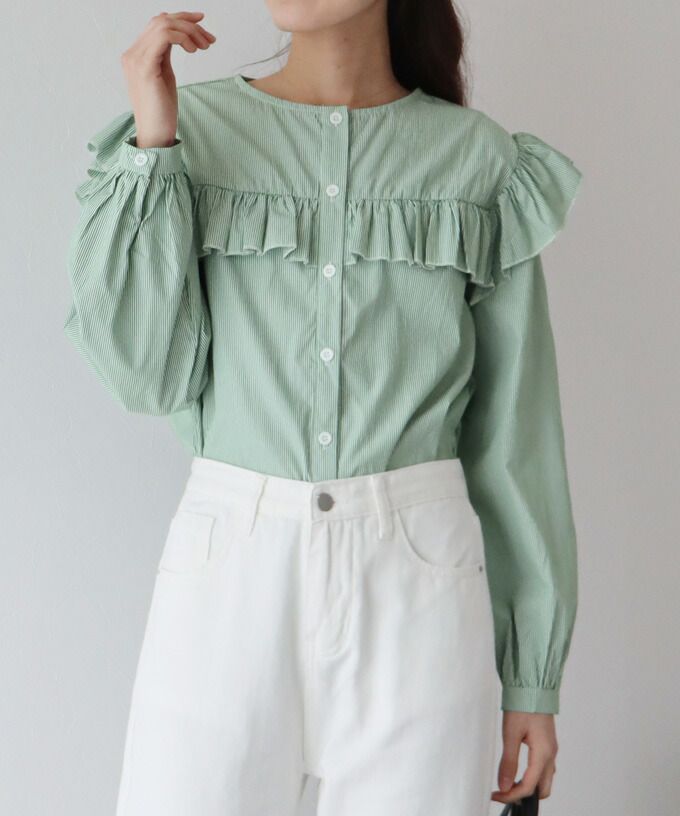 日本 BLUE EAST - 青澀回憶荷葉邊長袖襯衫-湖水綠