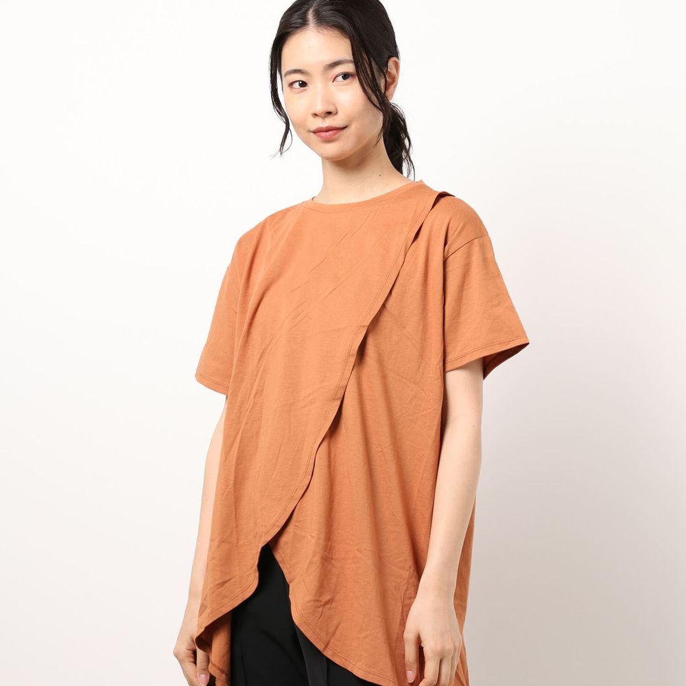 日本 Riche Glamour - 純棉 交叉設計短袖上衣-磚橘