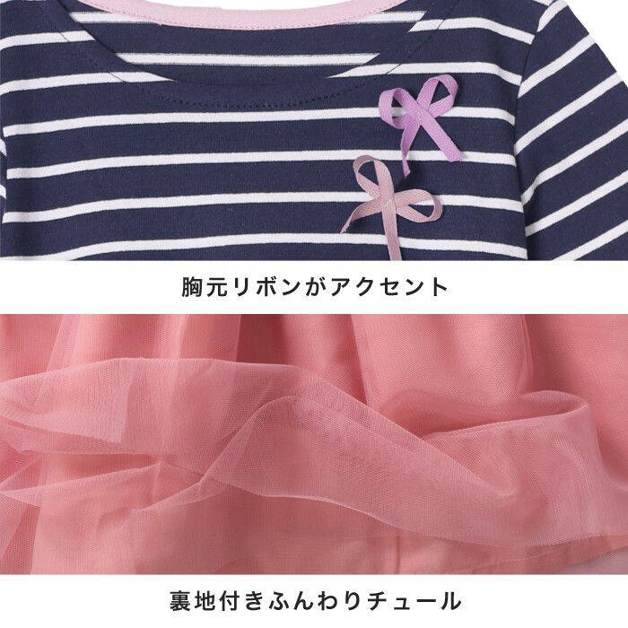 日本 TORIDORY - 條紋薄紗拼接長袖洋裝-深藍X粉紅