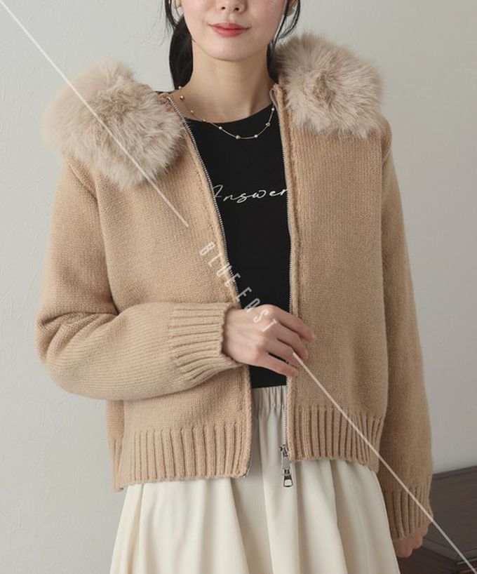 日本 BLUE EAST - 澎澎可愛毛絨帽雙拉鍊針織外套-黑