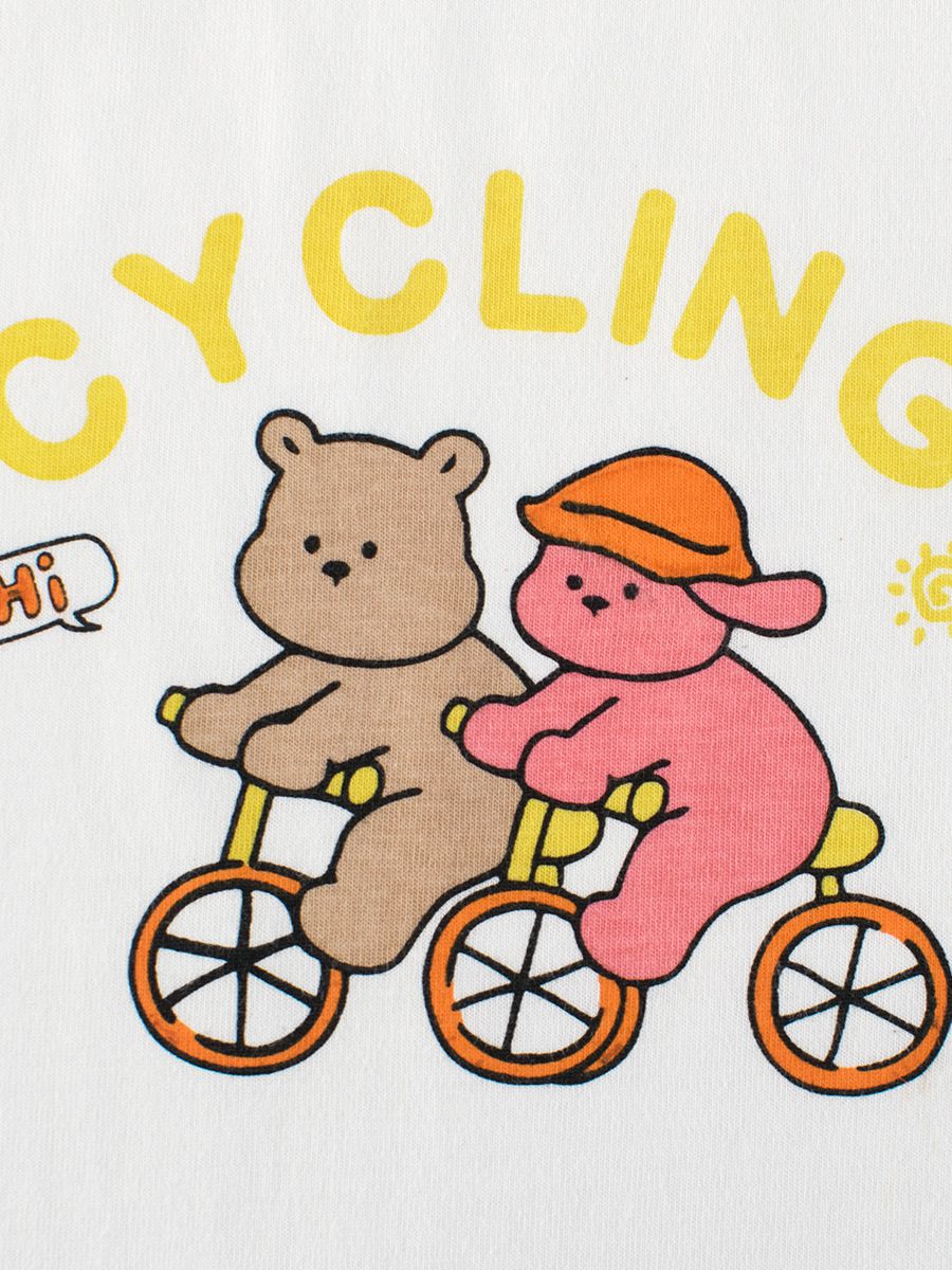 純棉圓領薄長袖上衣-熊熊狗狗好朋友-米白+深橘