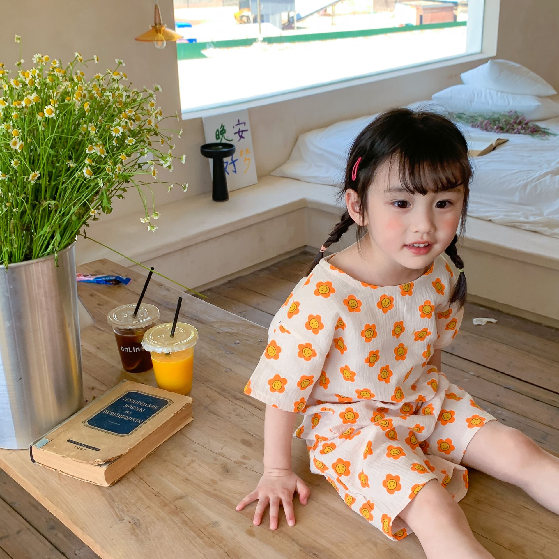 紗布棉短袖家居服套裝-小碎花-奶油色