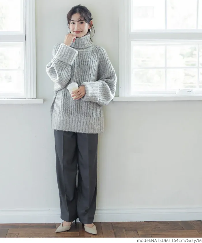 日本 COCA - 份量感高領寬鬆粗編織毛衣-淺灰