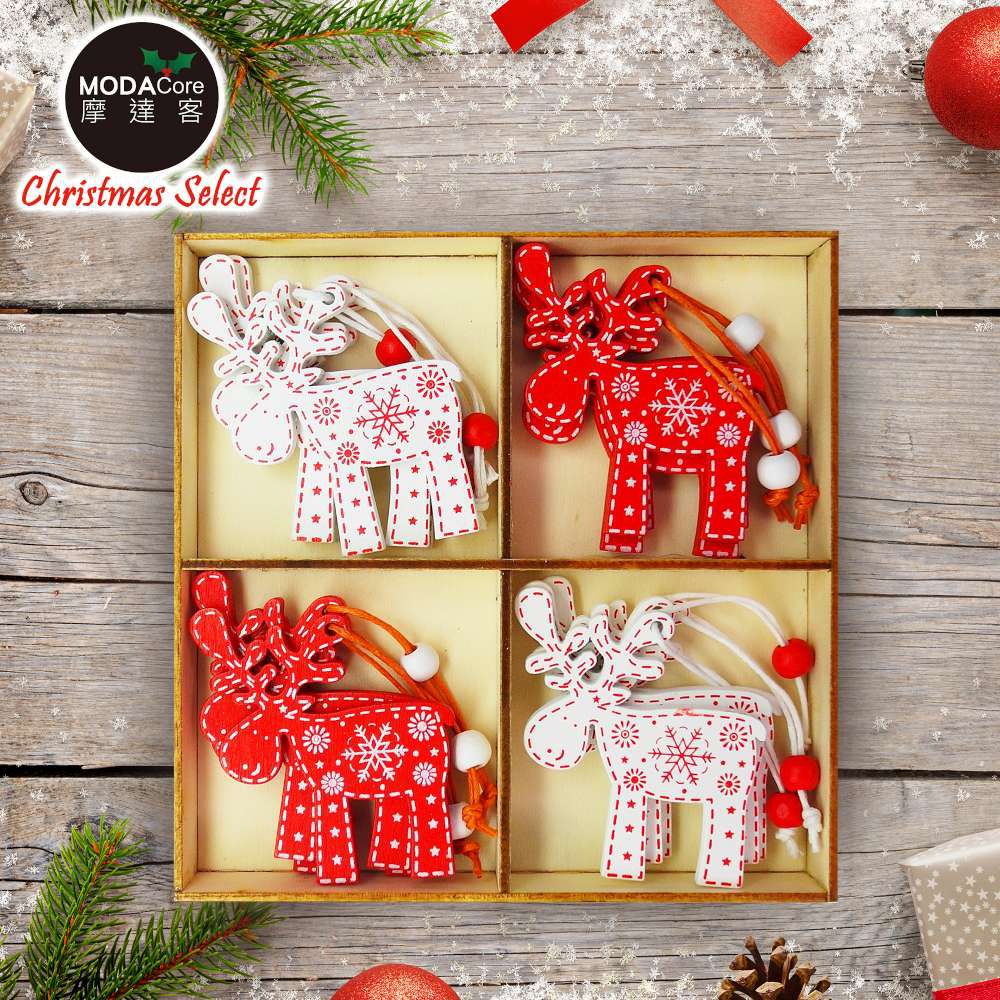MODACore 摩達客 - 摩達客耶誕-可愛木質彩繪(單面)吊飾-紅白麋鹿混款24入(12入*2盒裝)