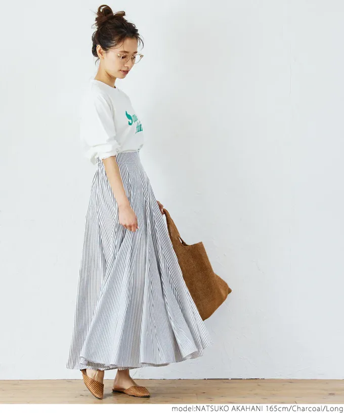 日本 COCA - 百搭直條紋顯瘦長裙-石墨灰