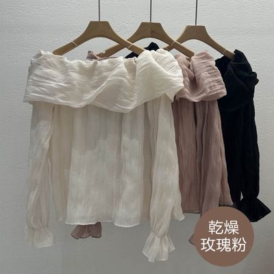 韓國女裝連線 - 夢幻皺摺感平口雪紡襯衫-乾燥玫瑰粉 (FREE)