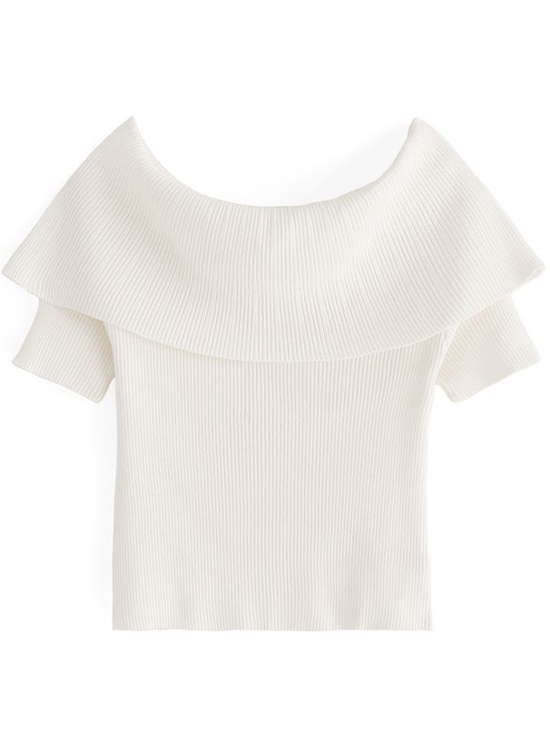 日本 GRL - 一字領羅紋顯瘦短袖上衣-白 (F)