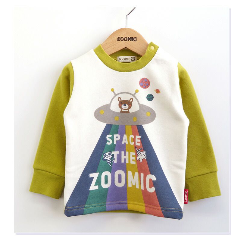 日本 ZOOLAND - 裏起毛印花長袖上衣-小熊外星人-綠