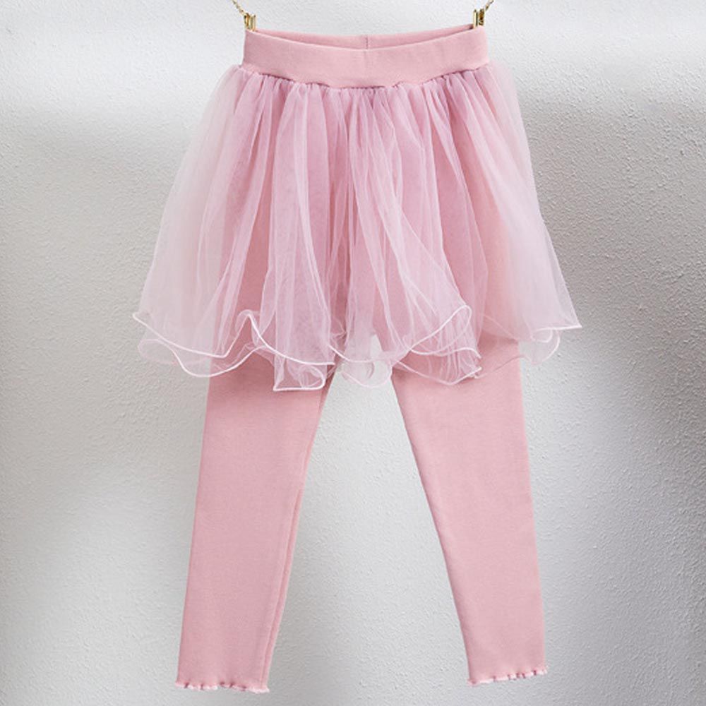 FANMOU - 假兩件捲邊紗褲裙-粉色