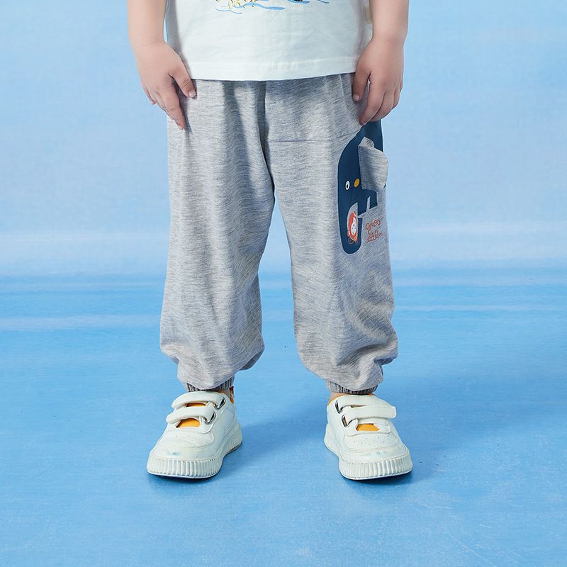 竹節棉束口長褲/防蚊褲-小象與猴子-深藍色