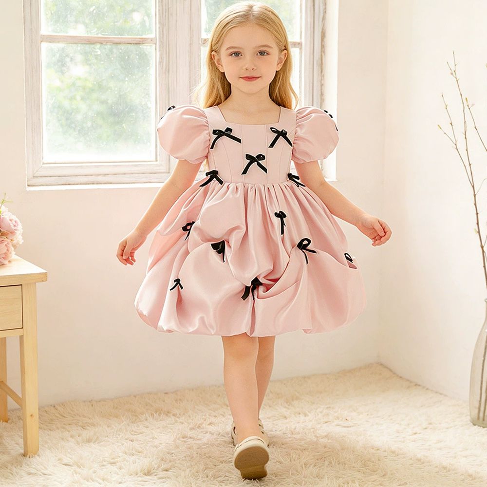 甜美緞面澎袖蝴蝶結禮服-粉色