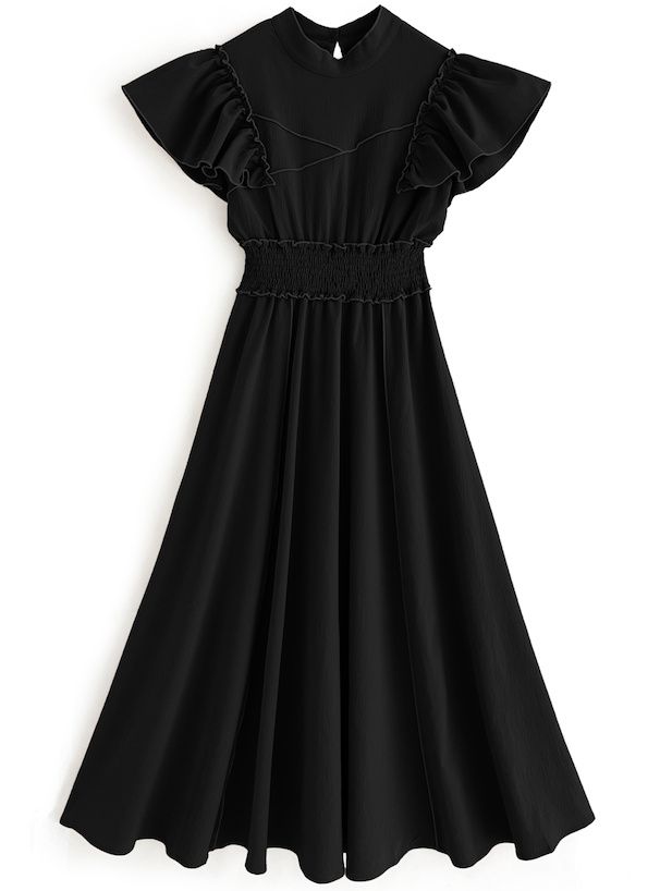 日本 GRL - 捲捲邊浪漫荷葉短袖洋裝-經典黑 (F)