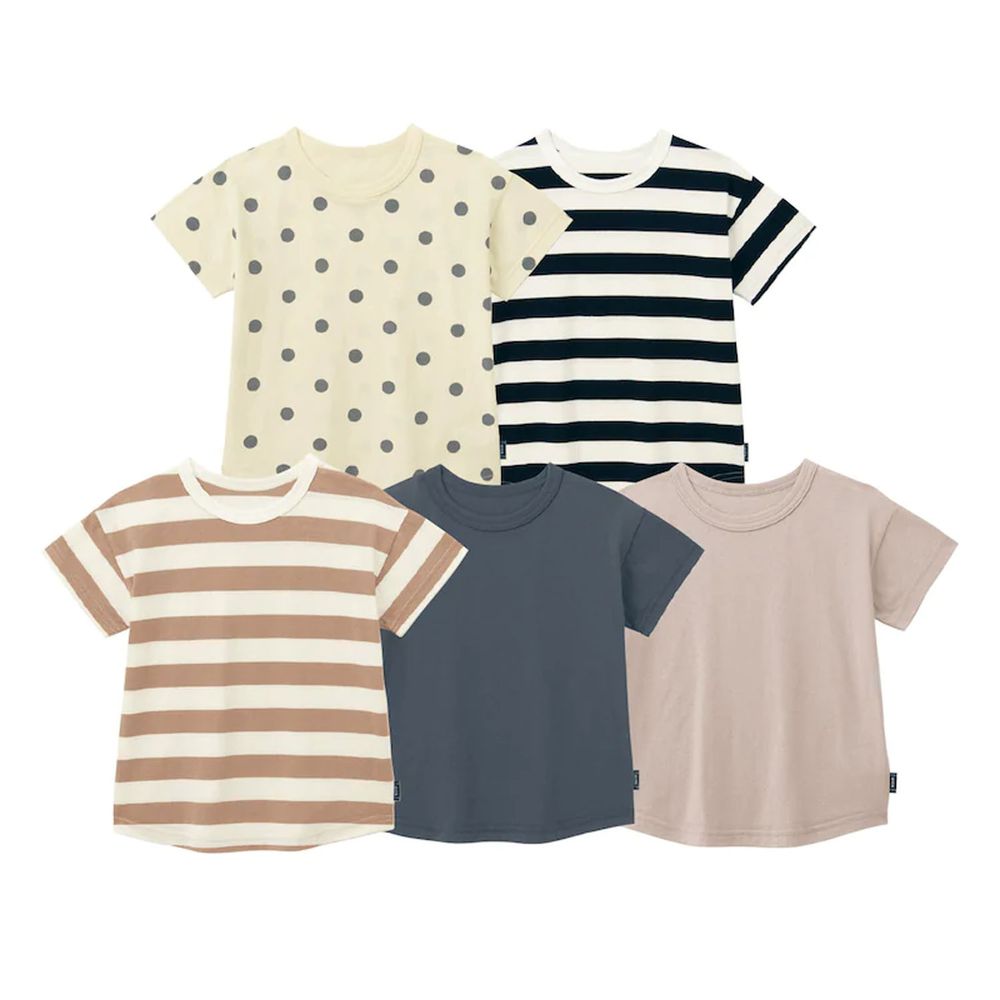 日本千趣會 - 超值T恤五件組(短袖)-條紋/點點/素色-杏黑色系