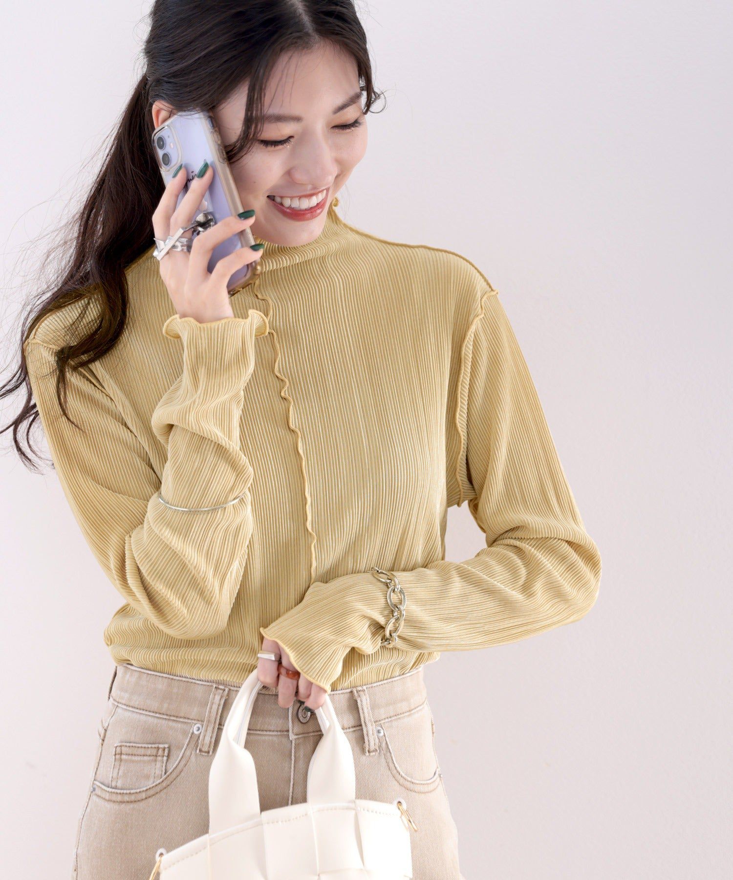 日本 Classical Elf - 光澤感木耳邊薄長袖上衣-酪梨綠